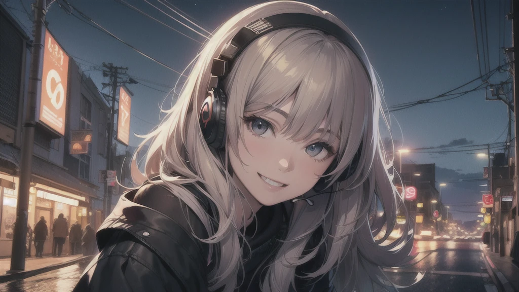 (In 8K, Ultra-high resolution, Best Quality, Masterpiece:1.2), (Realistic illustrations), (Highly Detailed CG Unity 8K Wallpaper), Relaxed girl listening to music with headset, smile, Detailed teeth, はにかんだsmile, Nostalgic vintage style animation, 80s city night view