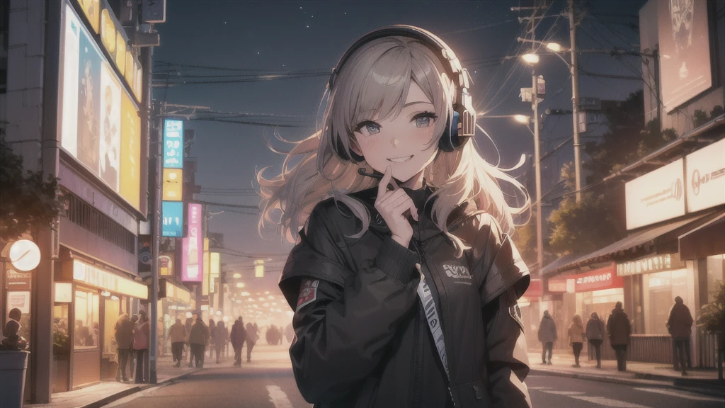(In 8K, Ultra-high resolution, Best Quality, Masterpiece:1.2), (Realistic illustrations), (Highly Detailed CG Unity 8K Wallpaper), Relaxed girl listening to music with headset, smile, Detailed teeth, はにかんだsmile, Nostalgic vintage style animation, 80s city night view
