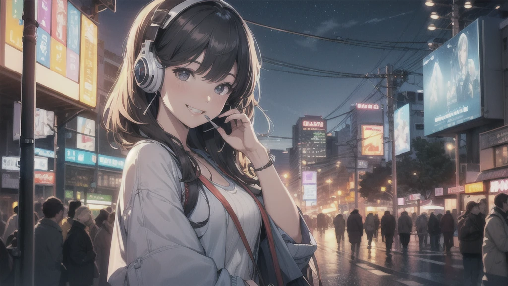 (In 8K, Ultra-high resolution, Best Quality, Masterpiece:1.2), (Realistic illustrations), (Highly Detailed CG Unity 8K Wallpaper), Relaxed girl listening to music with headset, smile, Detailed teeth, はにかんだsmile, Nostalgic vintage style animation, 80s city night view