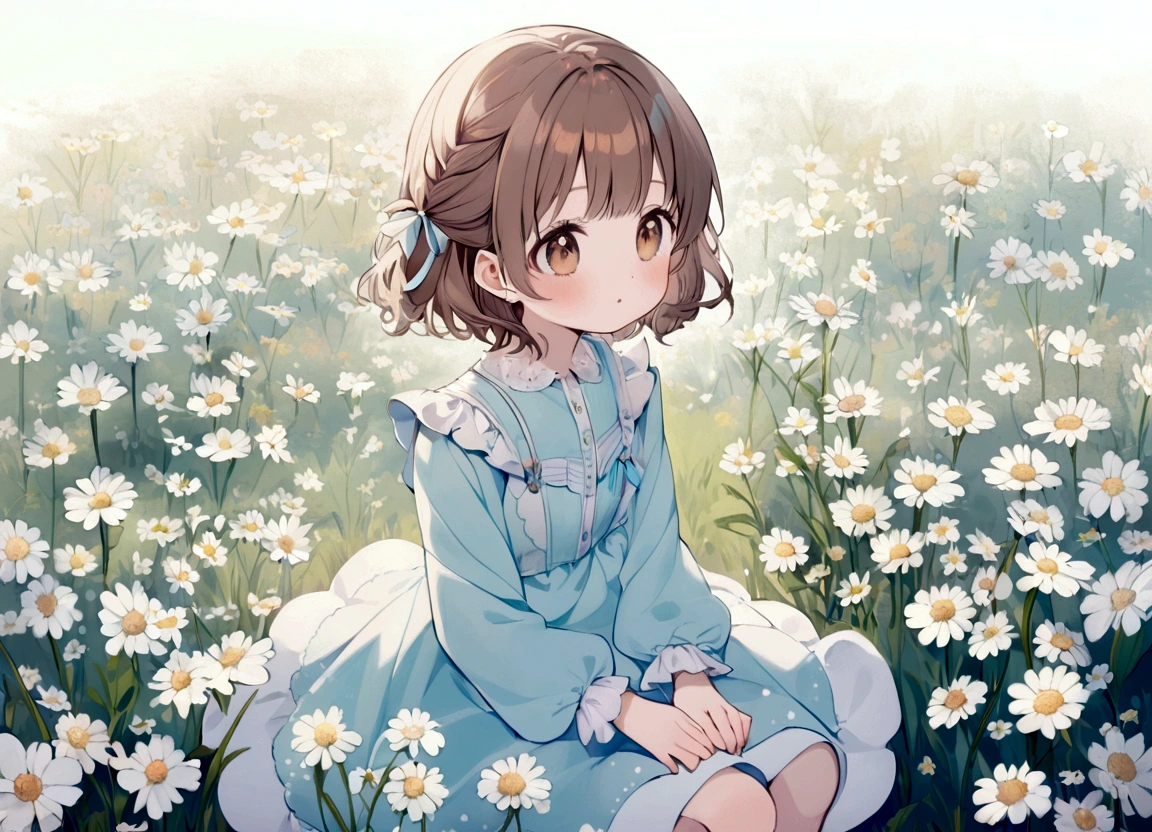 a small girl with brown hair, brown eyes, blue long-sleeved dress, sitting in a field of white flowers, pastel colors, style Little twin star
