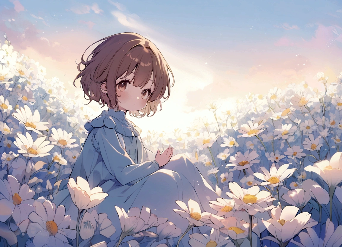 a  girl with brown hair, brown eyes, blue long-sleeved dress, sitting in a field of white flowers, pastel colors, style Little twin star