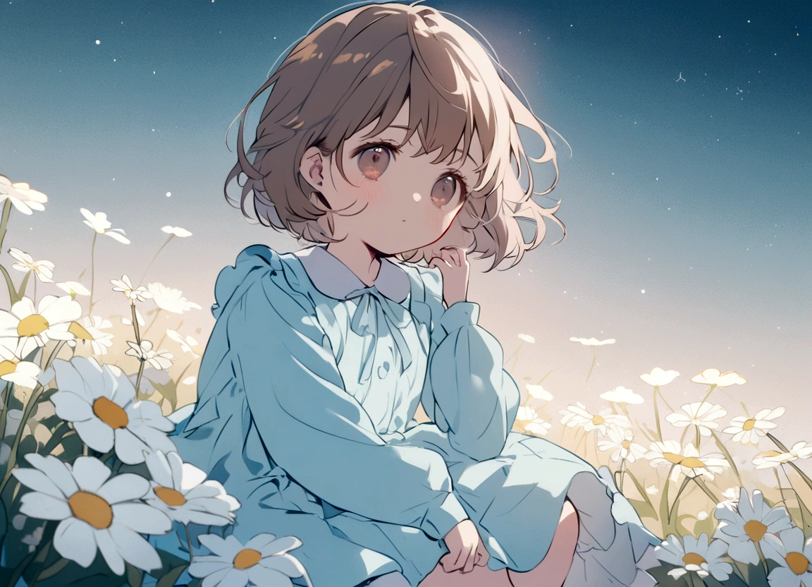 a  girl with brown hair, brown eyes, blue long-sleeved dress, sitting in a field of white flowers, pastel colors, style Little twin star