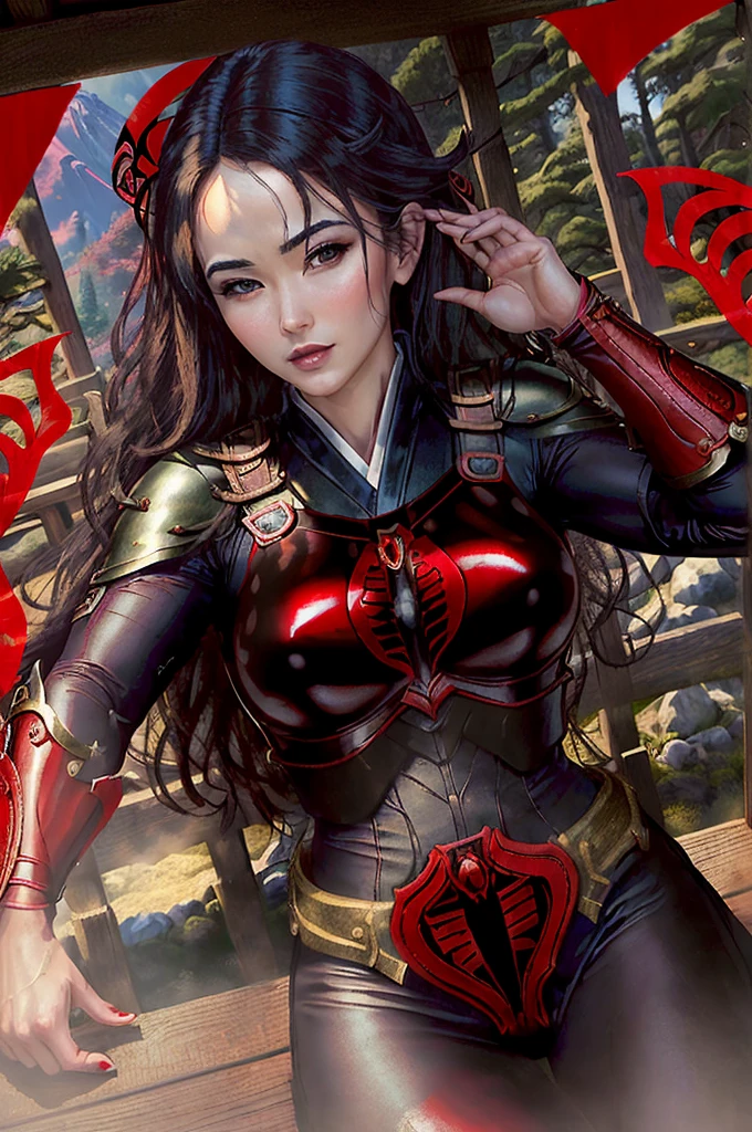 ((masterpiece)), realistic, ((highly detailed:1.3)), baroness, perfect female body, beautiful face, beautiful eyes, perfect hands, ((red background)), indoors , dynamic pose, dynamic angle,  Feudal Japan, Mount Fuji, (Japanese garden exterior:1.1) background, dark mysterious lighting, shadows, magical atmosphere, dutch angle,