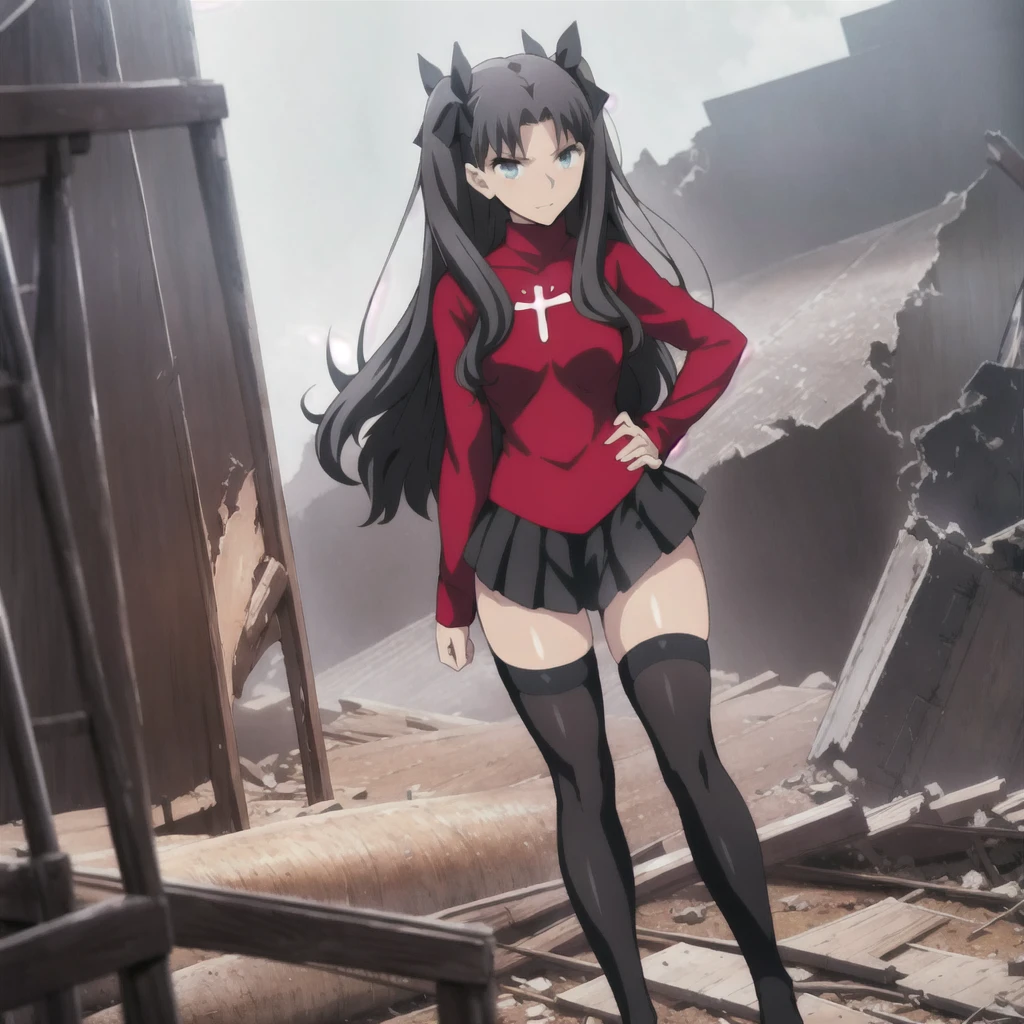 Tohsaka Rin, volumetric lighting, best shadows, shallow depth of field, Portrait of an incredibly sexy single girl, Delicate beautiful attractive face with seductive bright blue eyes, pointed eyebrows, Sly smile, closed mouth, huge ass, Hair long and black layered on both sides, hair ribbon, blush eyeshadow, thick eyelashes, cross on red turtleneck shirt, slim waist, black pleated mini skirt, big thigh, black thigh high stockings, visible thong, late, house in ruins