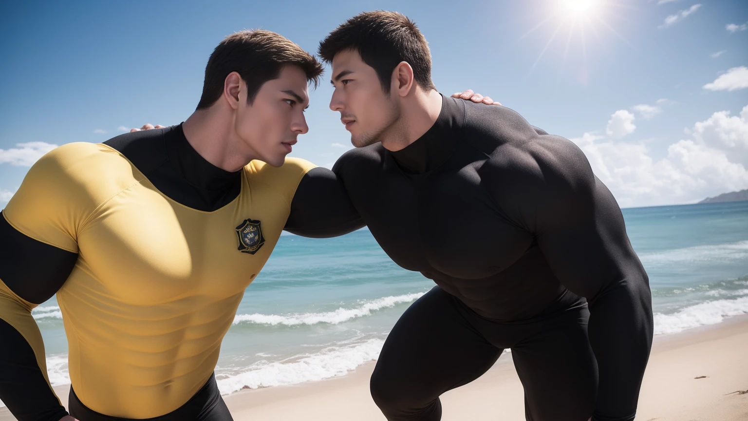 Super muscular man hugging, Open your mouth and scream,Look at each other affectionately,They embrace affectionately,short hair,Beach under the scorching sun, Wear long sleeves, Deep turtleneck bodysuit, Thickened warm elastic texture,Beach by the sea,beautiful landscape,The expression is arrogant, Thick thighs, messy hair, Thick thighs, High-necked long-sleeved dark yellow high-necked tights, very tight, Regular symmetrical pattern, Highlight muscles, Police uniform pants, character concept(Resident Evil - chris redfield, chris redfield)A proud expression, Deep and charming eyes, Valiant male pose, tall Burly, muscular!muscular thighs, Tough Guy, Perfect facial features, High, Burly, Heqiang, Super exquisite and cool, High Resolution Committee, Attractive, The sun is blazing, Dazzling