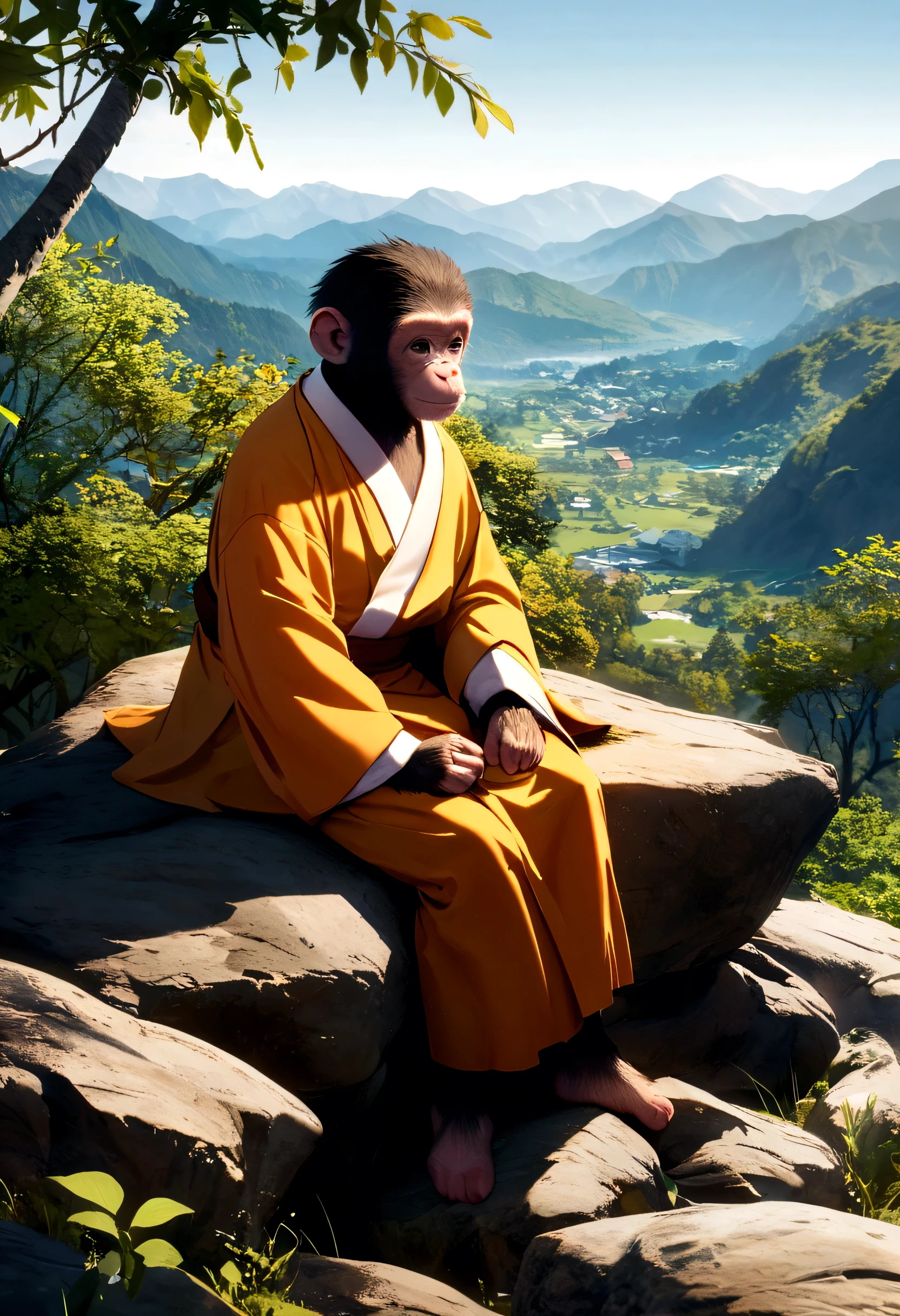 A little chimpanzee using monk clothes, mountain view, sitting on the rock