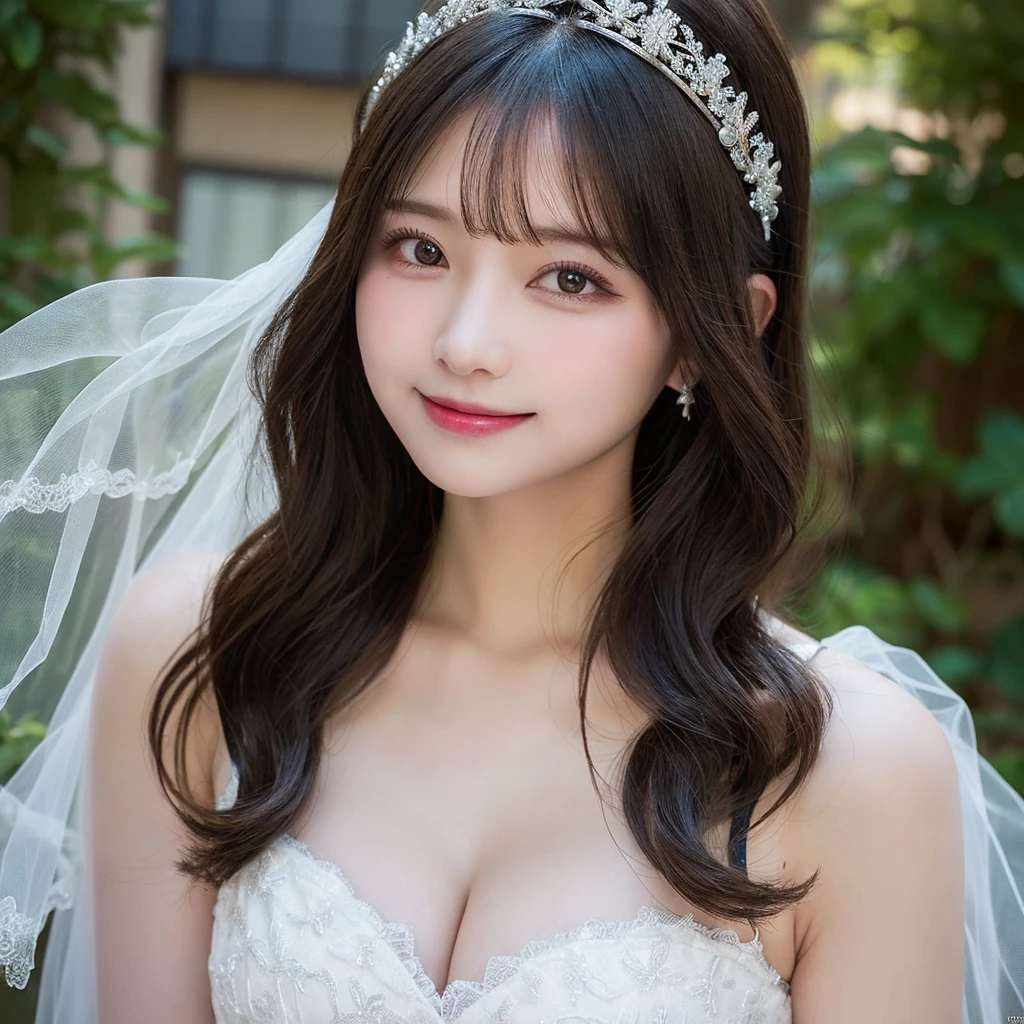 masutepiece, Best Quality, Illustration, Ultra-detailed, finely detail, hight resolution, 8K Wallpaper, Perfect dynamic composition, Beautiful detailed eyes,Full body,Natural Lip,cleavage,Wedding dress,1 person、smile、model,clear,Black Hair,Front face,tiara