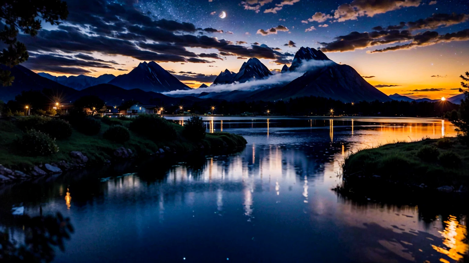 A very starry night. Huge moon behind the mountains. The quiet lake reflects the night. Cranes dance in the sunset. realistic scene, detailed, Photorealism, 8k