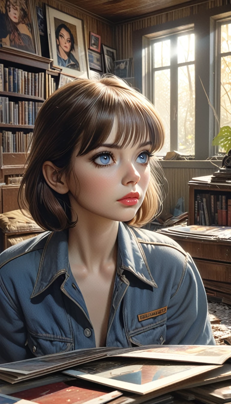 a pretty girl, explorer, exploring a large room in an abandoned house, old and full of dust and cobwebs, 80s style, large library, tv, detailed interior, art inspired in Bill Sienkiewicz, (best quality,4k,8k,highres,masterpiece:1.2),ultra-detailed,(realistic,photorealistic,photo-realistic:1.37),beautiful detailed eyes,beautiful detailed lips,extremely detailed eyes and face,longeyelashes,portrait,chiaroscuro lighting,moody,warm color tones