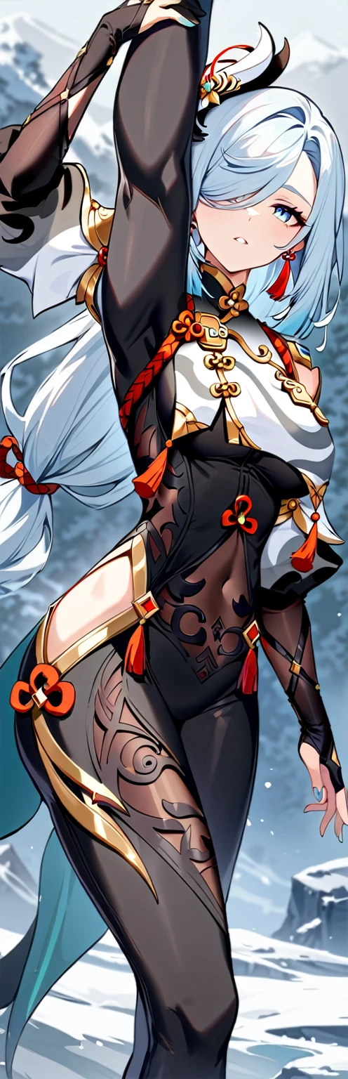 masterpiece, best quality, very aesthetic, absurdres, newest, 1girl, solo,standing_split, 
shenhe_(genshin_impact), genshin_impact, 1girl, aqua_nails, black_????????, ????????, ??????_curtain, chinese_knot, clothing_cutout, covered_navel, earrings,  gloves, grey_eyes, hair_over_one_eye, hip_vent, jewelry, long_hair, low-braided_long_hair, low-tied_long_hair, nail_polish, partially_fingerless_gloves, shoulder_cutout,  tassel, tassel_earrings, toenail_polish, toenails, white_hair,In the snowy mountains