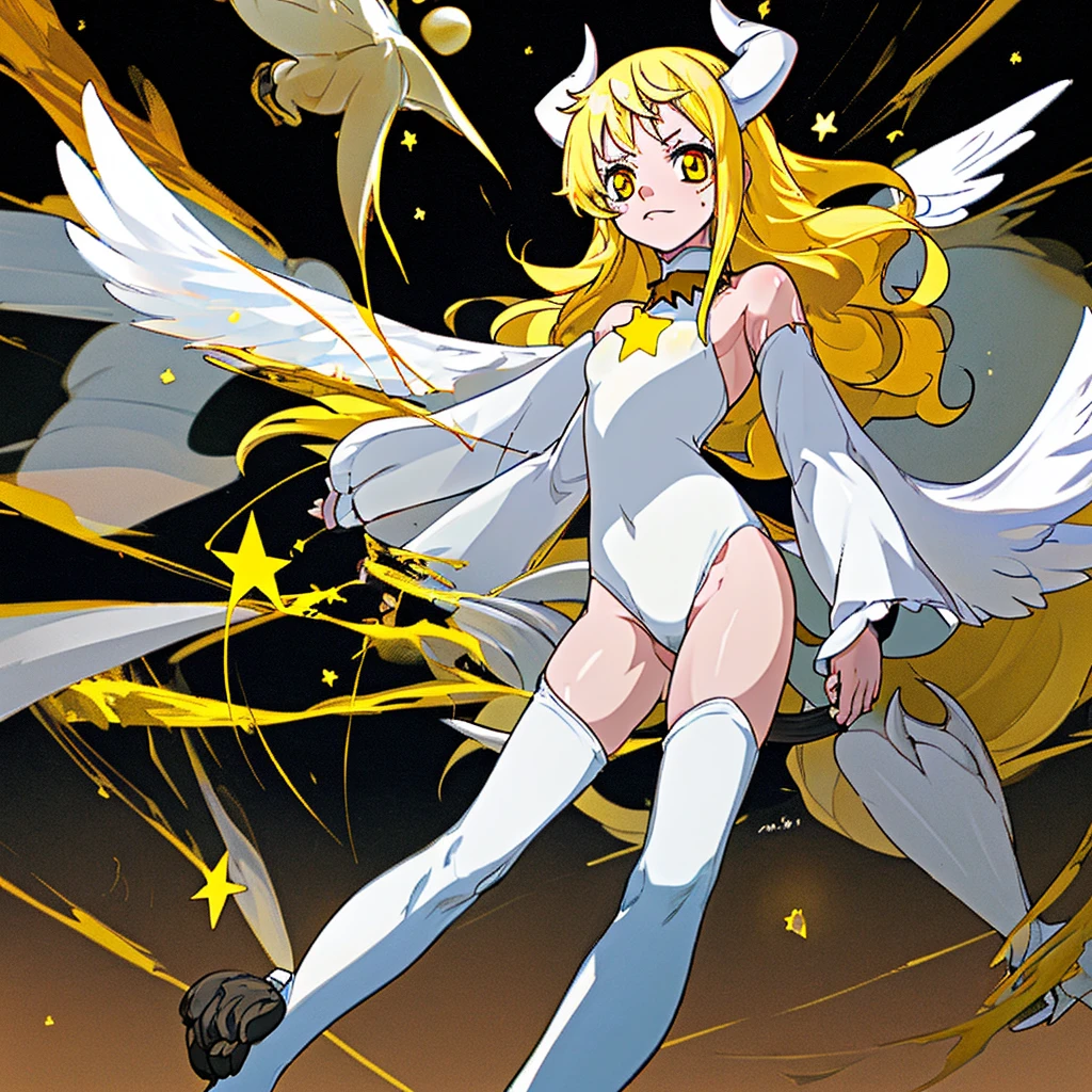 Egg-colored demon girl + Wear a white swimsuit with sleeves + white boots + It has white wings over black on its hips. + long yellow hair + yellow eyes + There is a small yellow star on the left cheek. + has a white tail + white ribbon + He has gray-white horns. + Has a black collar + There is a white shawl that leaves the middle