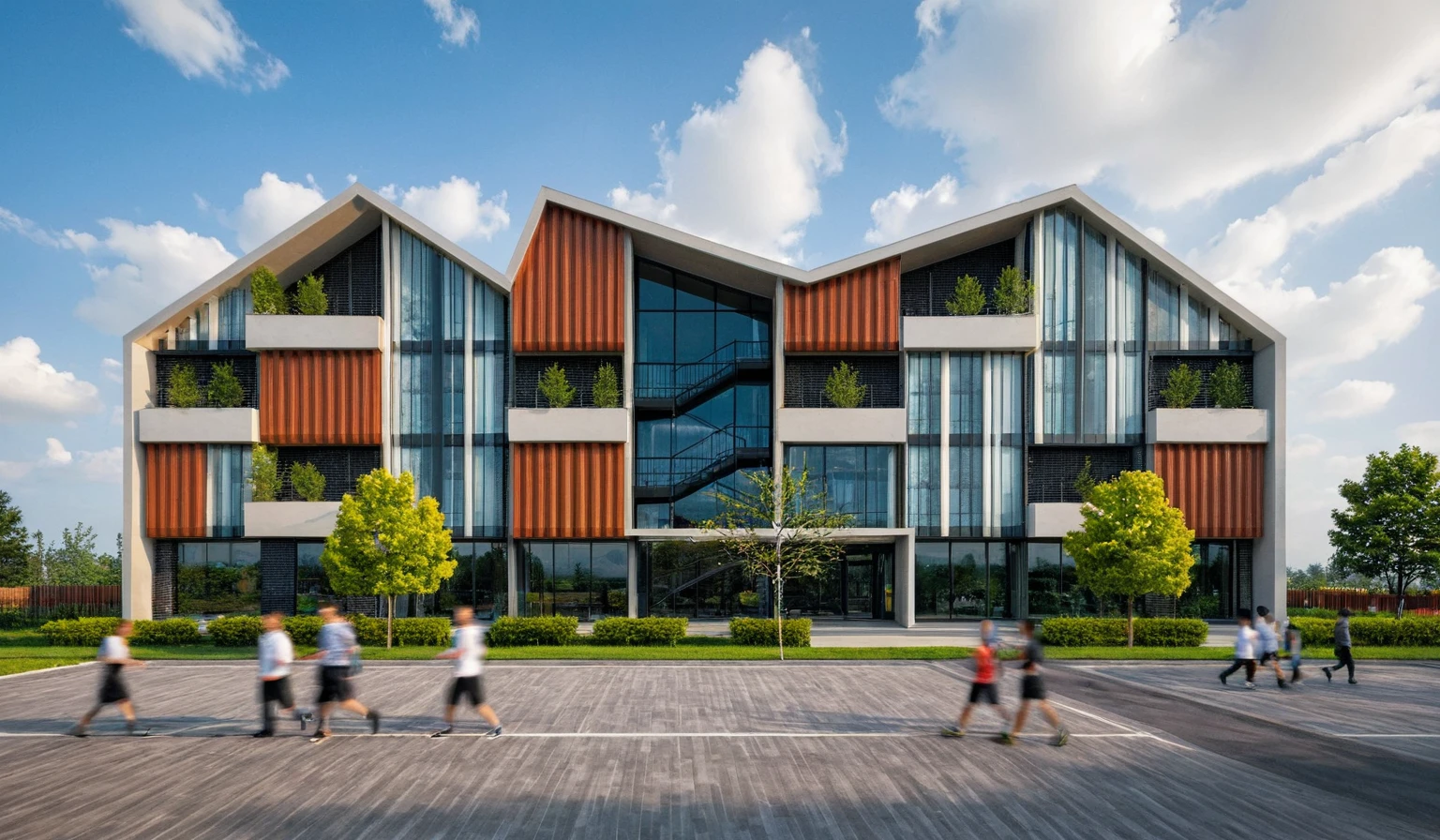 Masterpiece, high quality, best quality, authentic, football training center, realistic scene, super detail, outdoors, house on the street ,brick wall, colorful vertical facade, vertical louver, glass window, road, pavement, grass, trees, sky, cloud, campus, football ground, pitch (daylight:1.1)