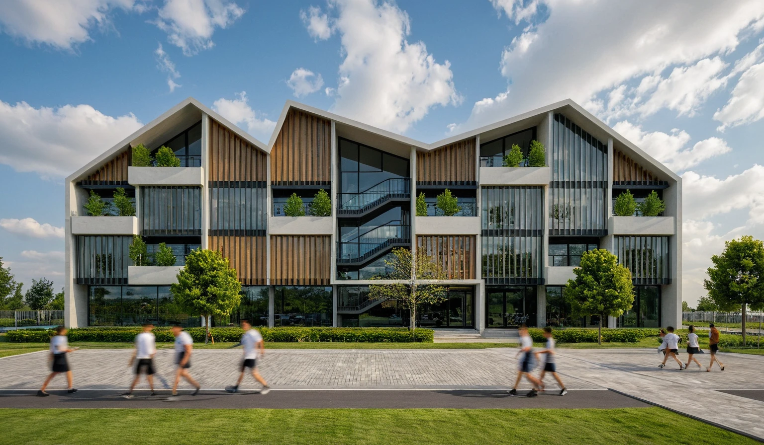 Masterpiece, high quality, best quality, authentic, football training center, realistic scene, super detail, outdoors, house on the street ,brick wall, colorful vertical facade, vertical louver, glass window, road, pavement, grass, trees, sky, cloud, campus, football ground, pitch (daylight:1.1)
