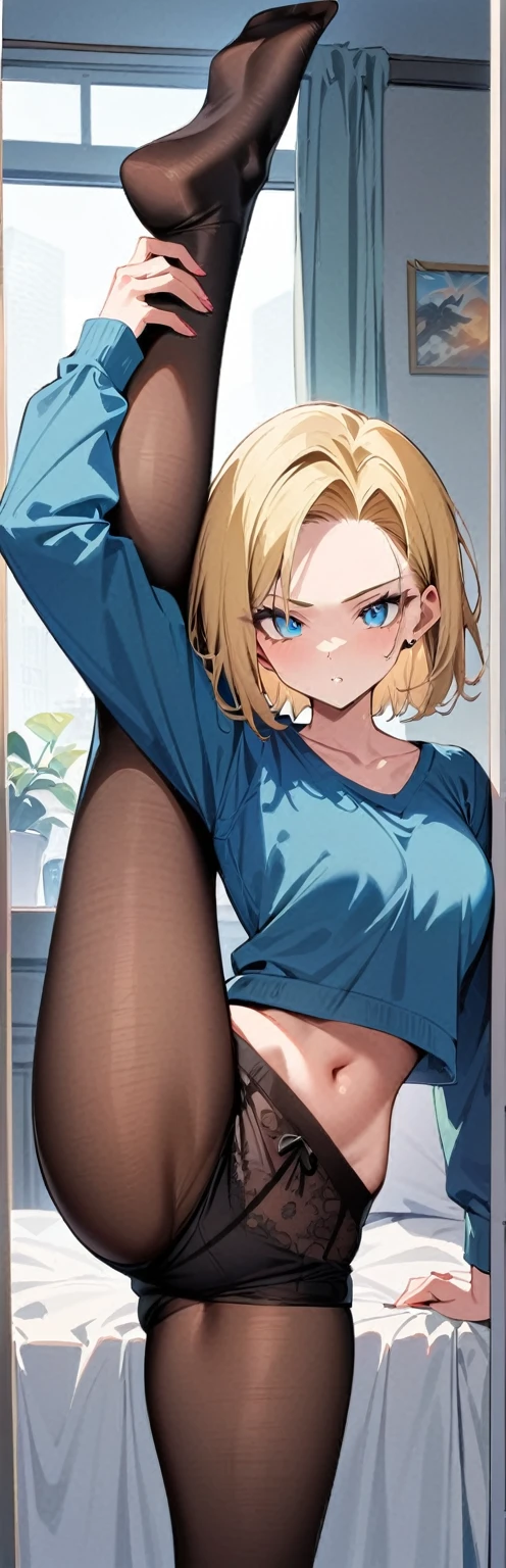 masterpiece, best quality, very aesthetic, absurdres, newest, 1girl, solo,standing_split,female lace boxer shorts,pantyhose, ,Android 18(Dragon Ball), short hair, blue eyes, blonde hair, blue jacket,in bedroom