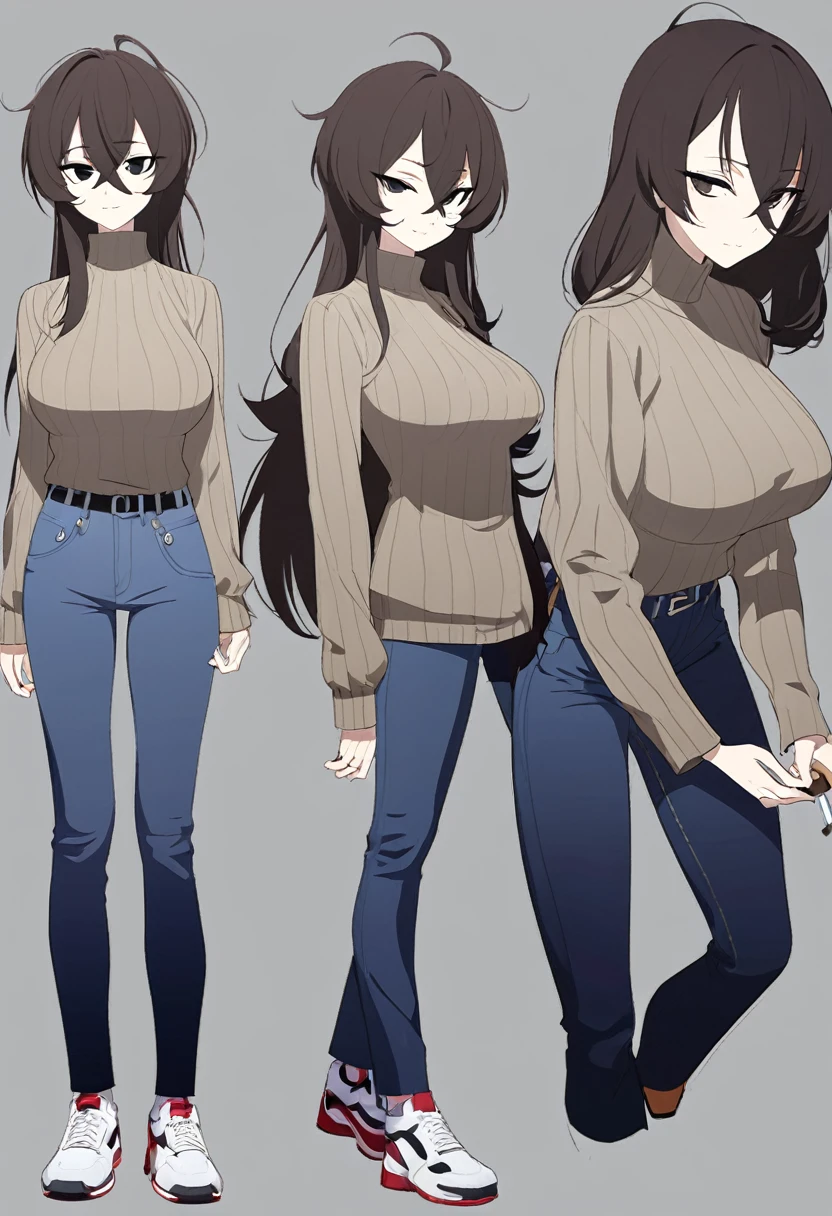 One Woman,Downer,older sister,Concept Art,Dark brown hair,Straight hair with slight inward curls,Staring eyes,Eye Ridge,black eye,Crossed bangs,whole body,smile,Larger breasts,Gray background,Bangs that reach down to the eyes,Messy hair,Perfect dark jeans,Light brown turtleneck sweater,Multiple views of the same character,Character Design,Dark circles under the eyes,Bad look,Listless,Sloppy,accessories,Cafe staff,Holding a cigarette,whole bodyCharacter Design,Detailed hands,Height: 170cm,