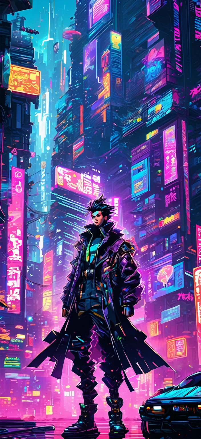Create an 8-bit style cyberpunk cityscape. The scene features neon-lit skyscrapers with flickering signs in various colors, flying cars zooming through the sky, and crowded streets filled with pixelated characters in futuristic attire. The atmosphere is vibrant and bustling, with a mix of dark alleyways and brightly lit storefronts. In the foreground, a cyberpunk protagonist with a trench coat and augmented cybernetic enhancements stands, holding a futuristic weapon. The background showcases a sprawling city with towering buildings, holographic advertisements, and a night sky with a digital moon. The overall style should evoke classic 8-bit video game aesthetics, with pixel art detail and a retro-futuristic vibe. Vibrant colors, pixelated textures, and a sense of dynamic action and energy.
