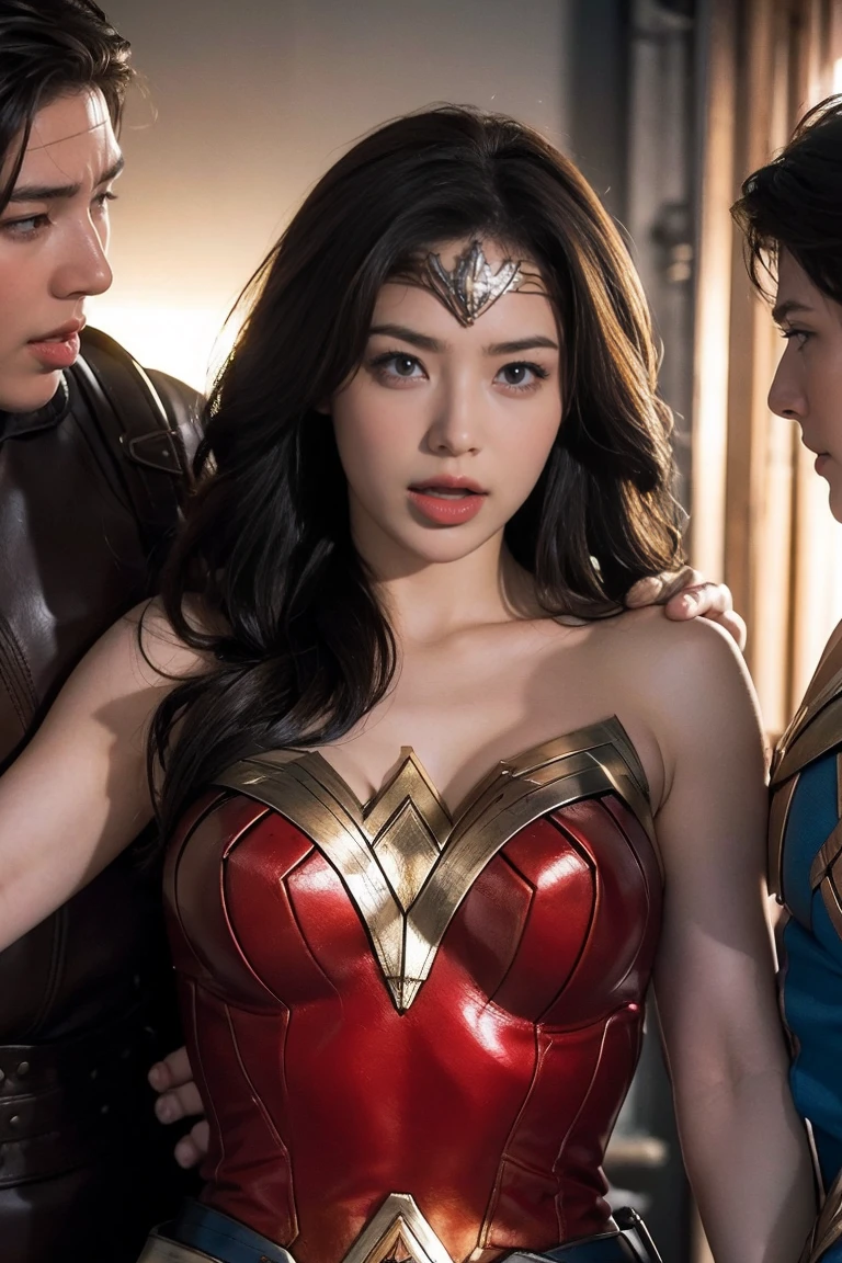 私はWonder Womanです、完璧なWonder Womanの衣装,押しdefeat,defeat,A man straddles me,Grabbed by the face、Hug from the front,I was hugged,be strangled to death,You can have it.,Men lick my face with their tongues,The guys lick my head with their tongues,Men lick my hair with their tongues,My body is licked by men,sleeping face,close ~ eye,Open your mouth,Tired face,Face of Suffering,Being slapped in the face,Getting punched in the face,Fighting with men,Fight with the men,Surrounded by men,,Caught between men,Being held back by men,Entanglement with males, Being attacked by a man,Brown Hair,  masterpiece、beautiful girl、fine eye、puffy eye、highest quality, 超High resolution, (reality: 1.4), Cinema Lighting,so beautiful、Beautiful Skin、(超reality的な)、(High resolution)、(8k)、(Very detailed)、(美しくて立派なeye)、(Very detailed)、 Detailed face、Diagonal bangle hair、Brown Hair、20-year-old、Wonder Womanのコスプレ，Wonder Woman