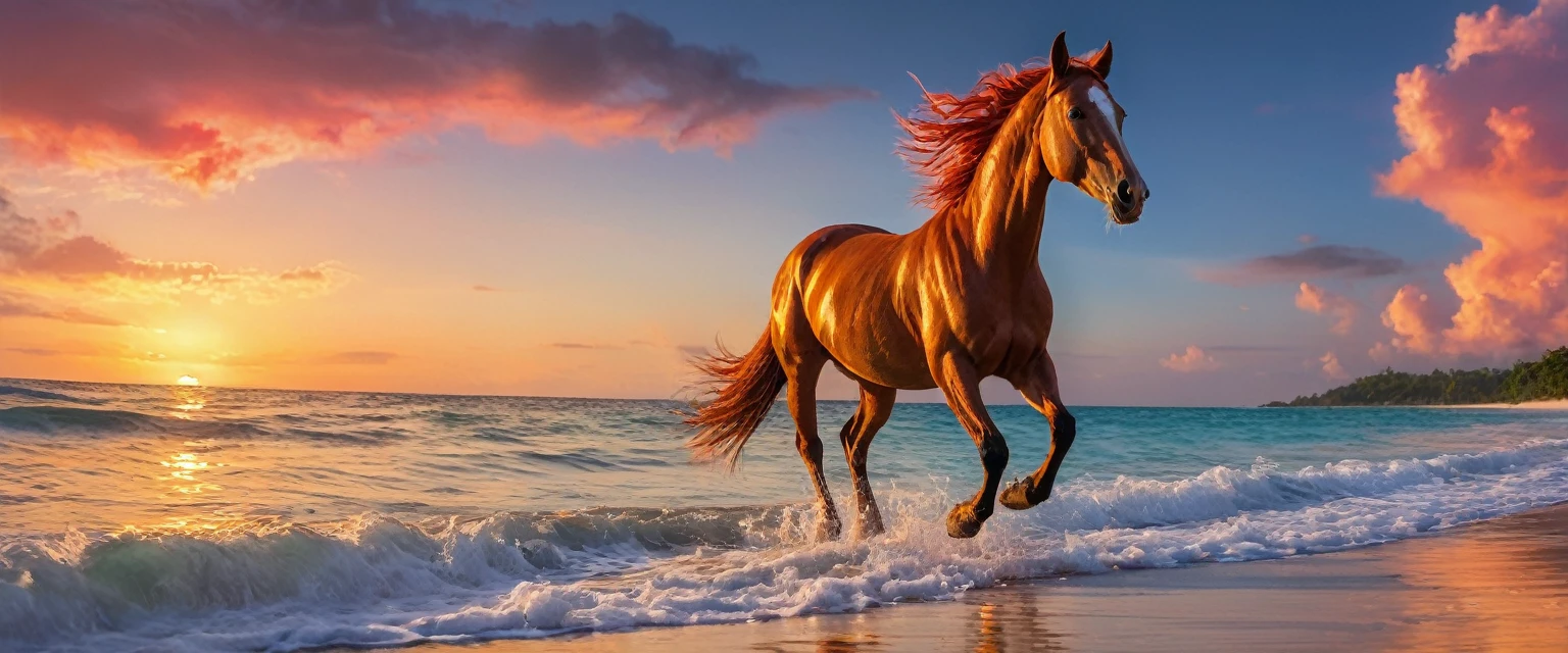 (best quality,4k,8k,highres,masterpiece:1.2),ultra-detailed,(realistic,photorealistic,photo-realistic:1.37),HDR,UHD,studio lighting,ultra-fine painting,sharp focus,physically-based rendering,extreme detail description,professional,vivid colors,landscape,photography,running horse,beautiful A beautiful 40 year old red head girl, high-ponytail Hairstyle, she is walking on the beach naked, she is smiling showing teeth, A beautiful tropical island, warm sunset, red clouds, golden reflexions on the sea,waves breaking on a reef, a small blue moon is above,