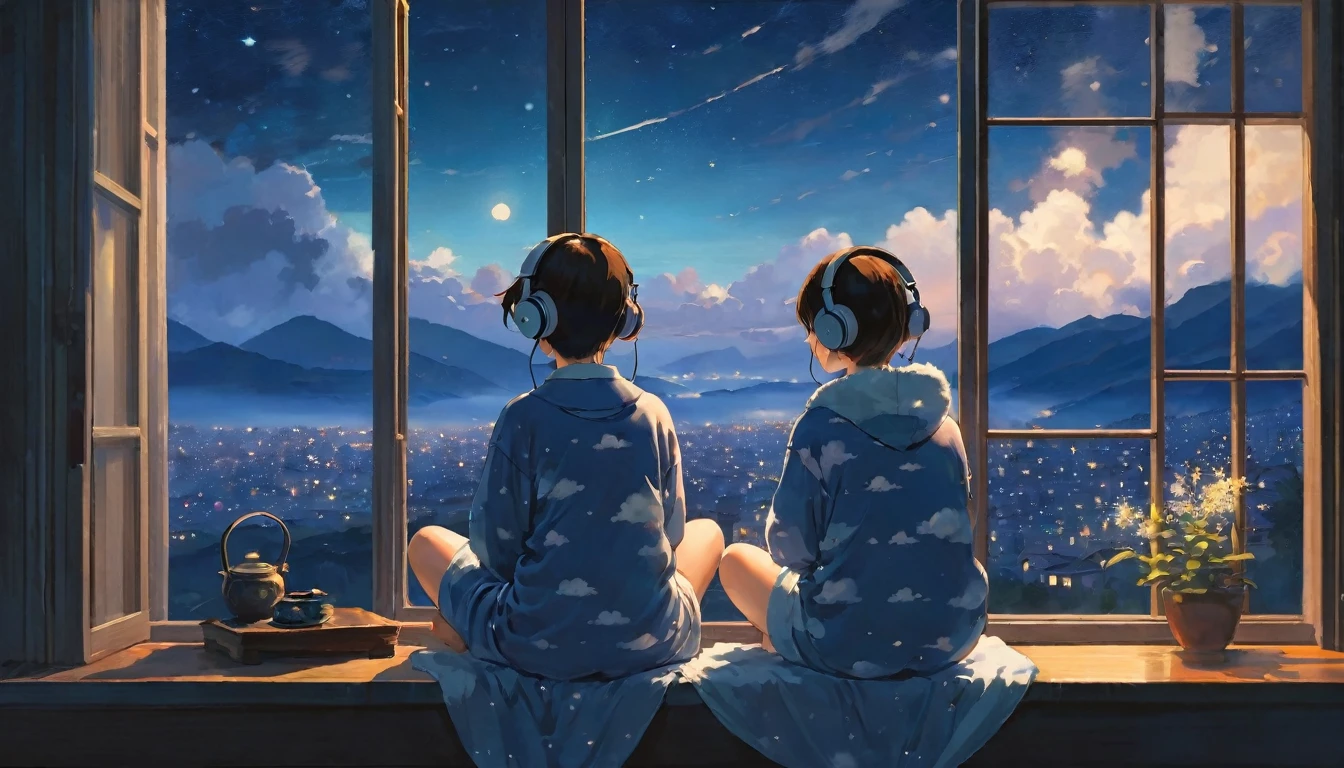 The style of Ghibli animation,The night sky appears deep and calm,The clouds are very thick,The moonlight shines through the gaps in the clouds,Appear soft and warm。Girl in loose pajamas,Sitting by the window,Wearing headphones,His eyes were staring into the distance,My thoughts wander in the cold night of Beginning of Winter,There is a touch of tranquility and warmth on the face。(best quality,4k,8K,High resolution,masterpiece:1.2),Extremely detailed.