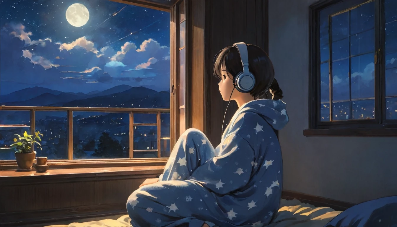 The style of Ghibli animation,The night sky appears deep and calm,The clouds are very thick,The moonlight shines through the gaps in the clouds,Appear soft and warm。Girl in loose pajamas,Sitting by the window,Wearing headphones,His eyes were staring into the distance,My thoughts wander in the cold night of Beginning of Winter,There is a touch of tranquility and warmth on the face。(best quality,4k,8K,High resolution,masterpiece:1.2),Extremely detailed.