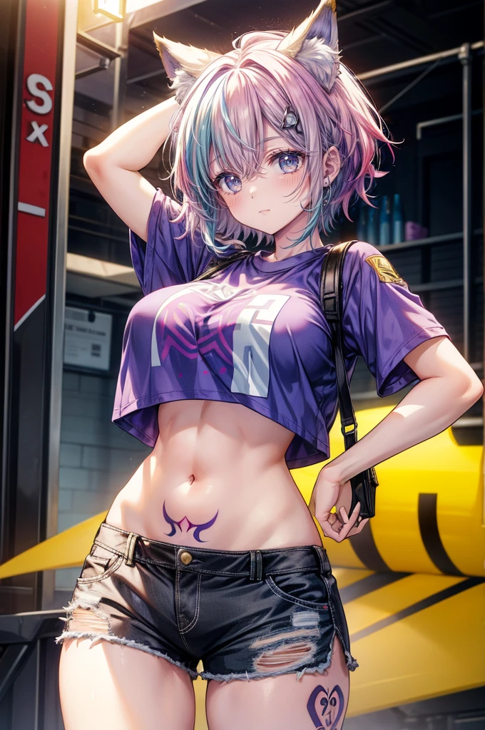 young girl, multi-colored hair, Short purple hair with yellow tips, Fox ears, blue eyes, Smile, open belly, Purple T-shirt, Huge-breasts, Medium thighs, red tattoos, Shorts,arms on a back, cute pose, Anime, Masterpiece, high quality, 4k, HD, Good detail