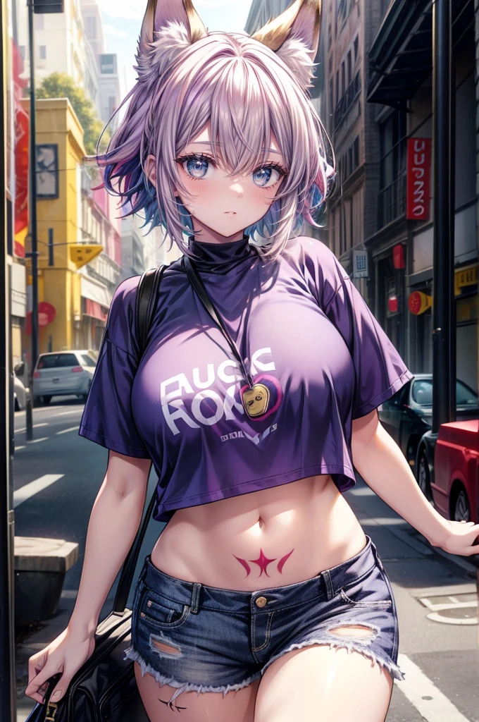 young girl, multi-colored hair, Short purple hair with yellow tips, Fox ears, blue eyes, Smile, open belly, Purple T-shirt, Huge-breasts, Medium thighs, red tattoos, Shorts,arms on a back, cute pose, Anime, Masterpiece, high quality, 4k, HD, Good detail