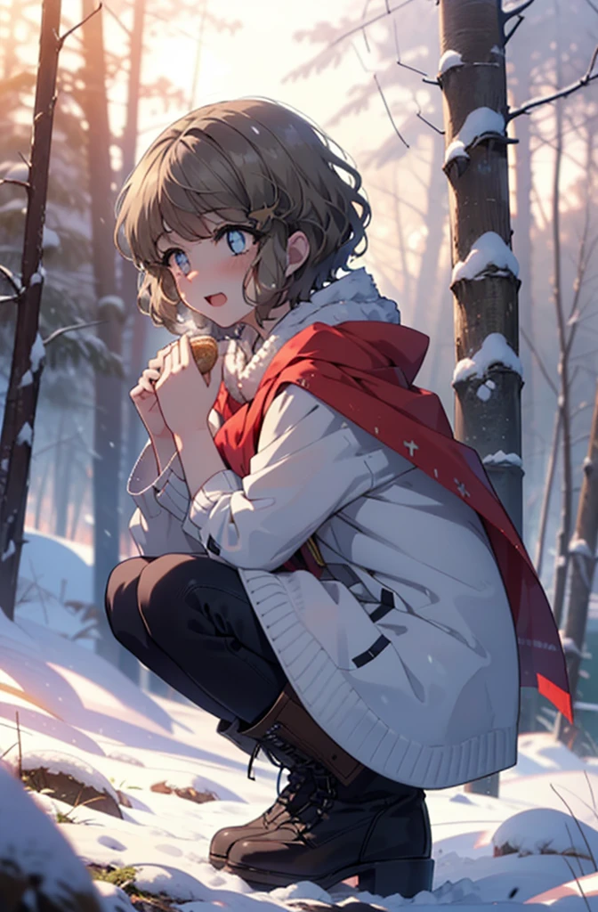 tomoekoga, Chie Koga, short hair, Brown Hair, blue eyes, hair band,smile,blush,White Breath,Mid-chest,
Open your mouth,snow,Ground bonfire, Outdoor, boots, snowing, From the side, wood, suitcase, Cape, Blurred, having meal, forest, White handbag, nature, Squat, Mouth closed, Cape, winter, Written boundary depth, Black shoes, red Cape break looking at viewer, Upper Body, whole body, break Outdoor, forest, nature, break (masterpiece:1.2), highest quality, High resolution, unity 8k wallpaper, (shape:0.8), (Beautiful and beautiful eyes:1.6), Highly detailed face, Perfect lighting, Highly detailed CG, (Perfect hands, Perfect Anatomy),