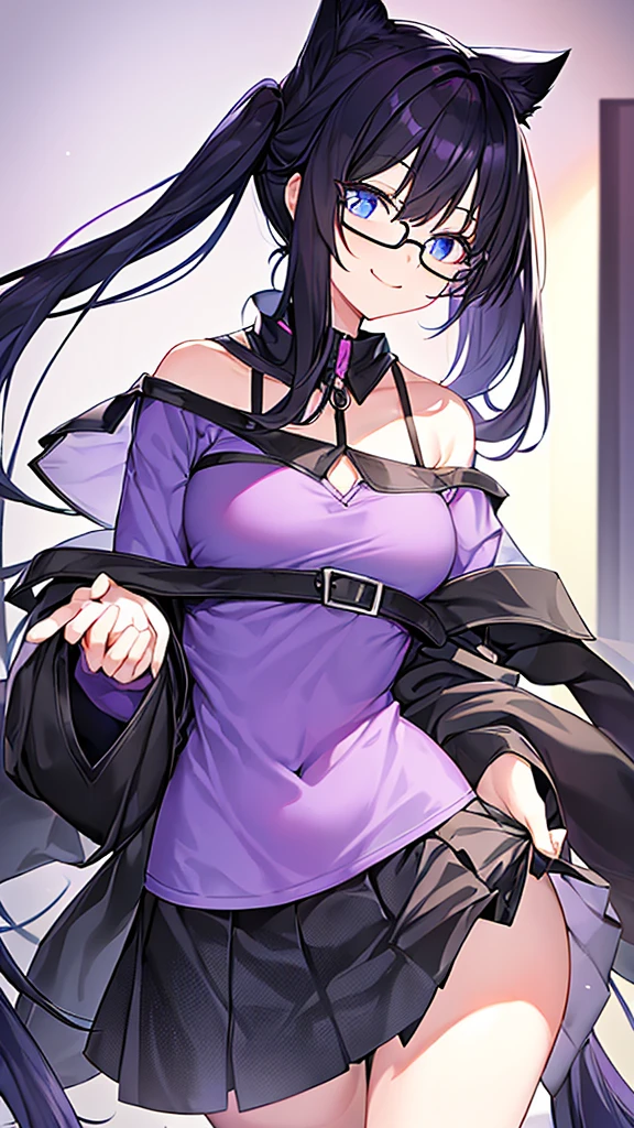 An 18-year-old cat girl with long black hair with purple ends, blue eyes, chest, and round-shaped glasses. (black bodice, Black off-the-shoulder shirt, Cat pattern in the middle of the shirt), short black skirt, black panties, standing, looking down, Smiling brightly