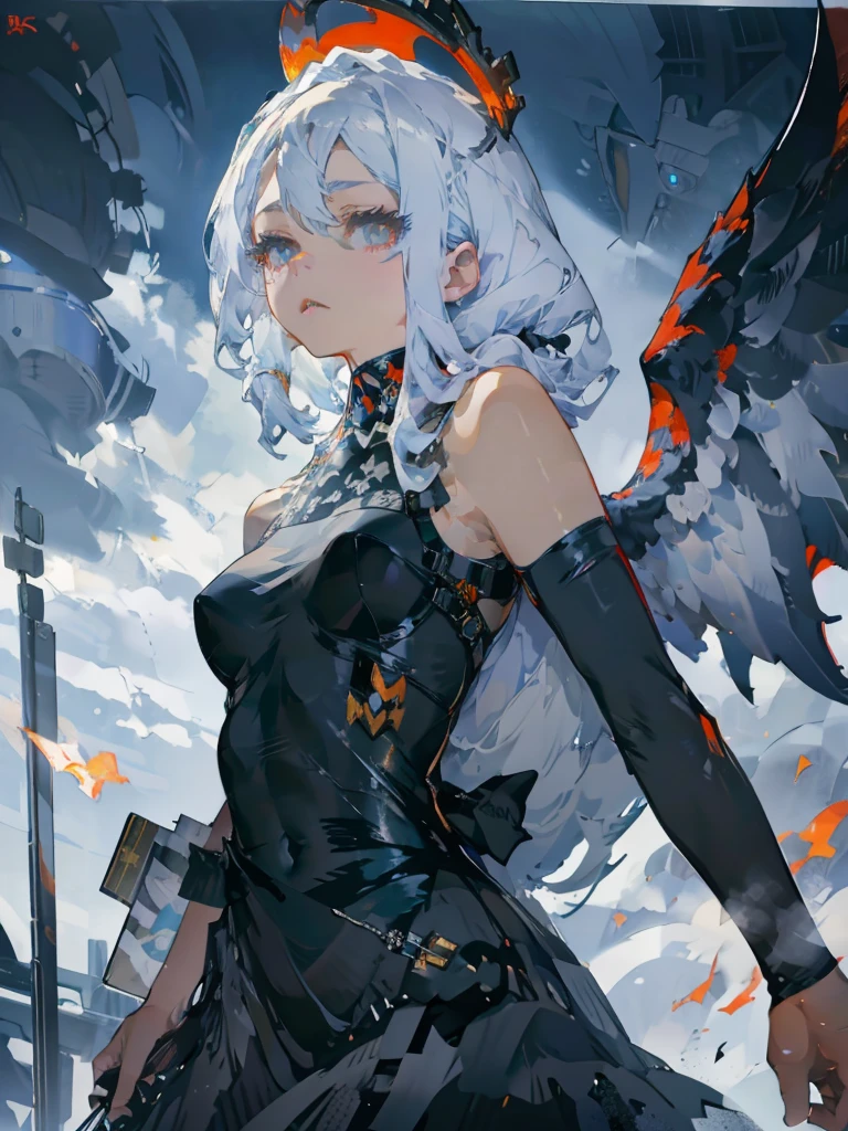 White Hair,White eyelashes,White Eyes,looking at the camera,Black long shirt,Realistic clothing drawing,Drawing range is from the waist up,An ennui look,Gazing somewhere far away,Fleeting atmosphere,Her hair is long and straight.,Smoke is shining,Wearing fog,art print,The background looks like it was painted over with black acrylic gouache.,Dark atmosphere,The crumbling angel halo、Her eyes are closing,Hollow Eyes,Angel Wings,The clothes are black