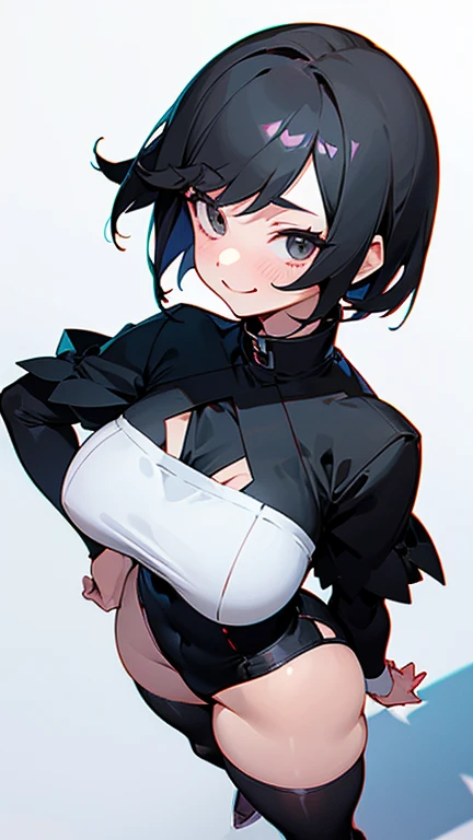 (Masterpiece Quality), one girl, Tatsumakis short hair, black dress with cutouts on the sides of the hips with a high collar, long v-neck, modest smile, (background roof Japanese city top view), huge thighs, rosy cheeks 