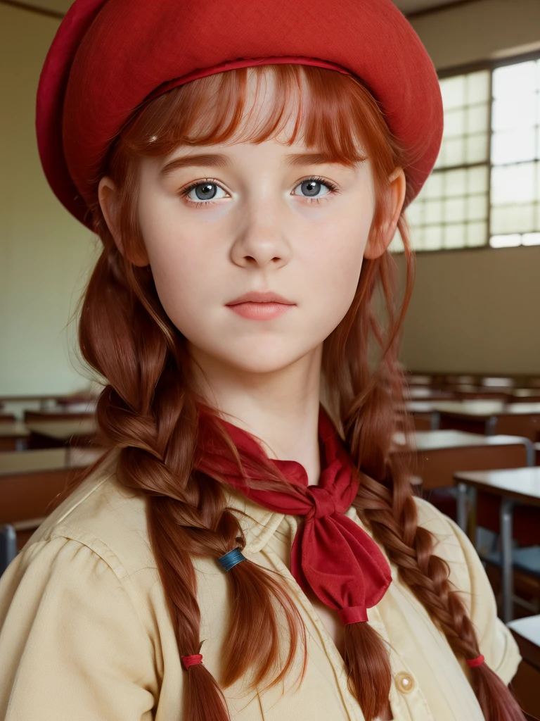 (best quality,4k,8k,highres,masterpiece:1.2),ultra-detailed,(realistic,photorealistic,photo-realistic:1.37), ((classroom, a peasant school girl, she wears beret, solo, shy, braided red hair, pale skin)), ((slim body, very large bust size for her young age))