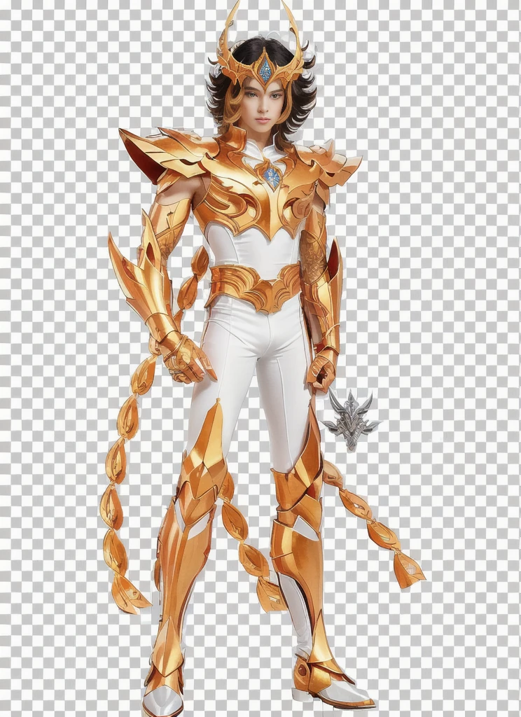 Realistic photo, a European young man, Muscular, a cartoon of a man in an orange metal armor with white tight without sleeves underneath, saint seiya, human and dragon fusion, unreal engine render saint seiya, official art, full body savage devilman, greek god in mecha style, kentaro miura art style, kentaro miura manga art style, clean cel shaded, knights of zodiac