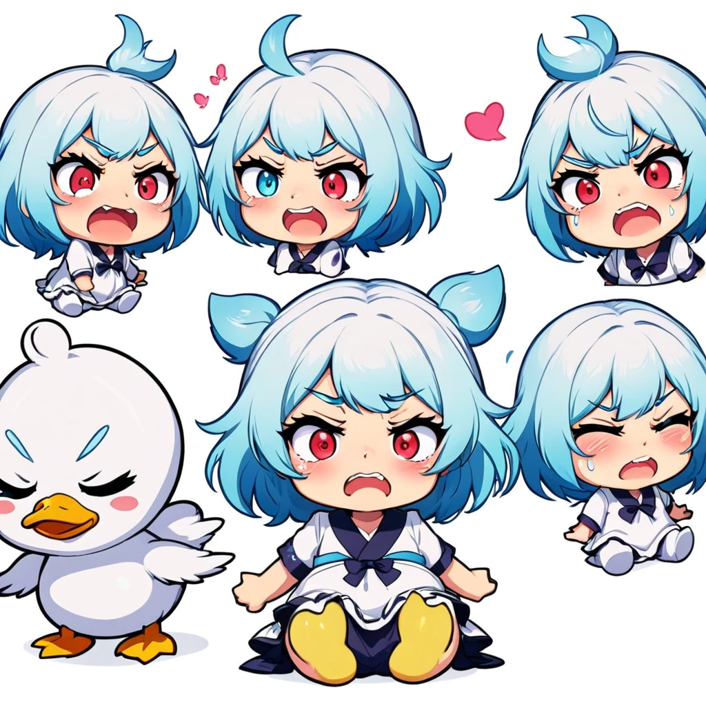 A lovely , screenshot, mori kei,
duckcore plush doll art, exaggerated poses, happy, angry, sad, cry, cute, expecting, laughing,
disappointed, exaggerated movements, various expressions and movements, sticker art design, white background, style cute