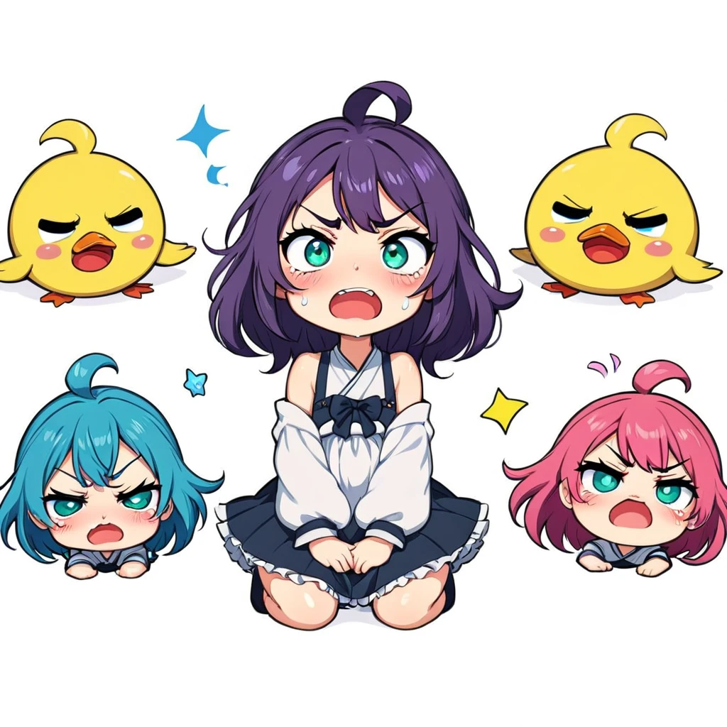 A lovely , screenshot, mori kei,
duckcore plush doll art, exaggerated poses, happy, angry, sad, cry, cute, expecting, laughing,
disappointed, exaggerated movements, various expressions and movements, sticker art design, white background, style cute