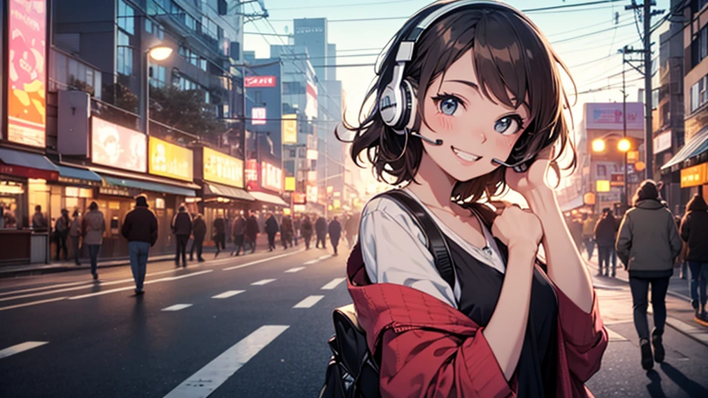 Relaxed girl listening to music with headset, smile, Detailed teeth, はにかんだsmile, Nostalgic vintage style animation, 80s city night view, bike