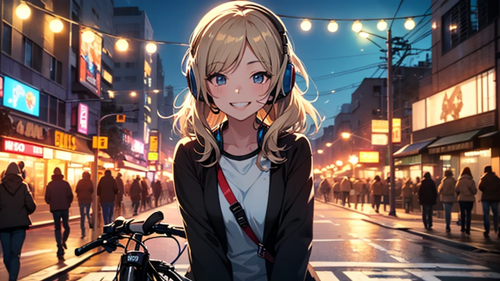 Relaxed girl listening to music with headset, smile, Detailed teeth, はにかんだsmile, Nostalgic vintage style animation, 80s city night view, bike