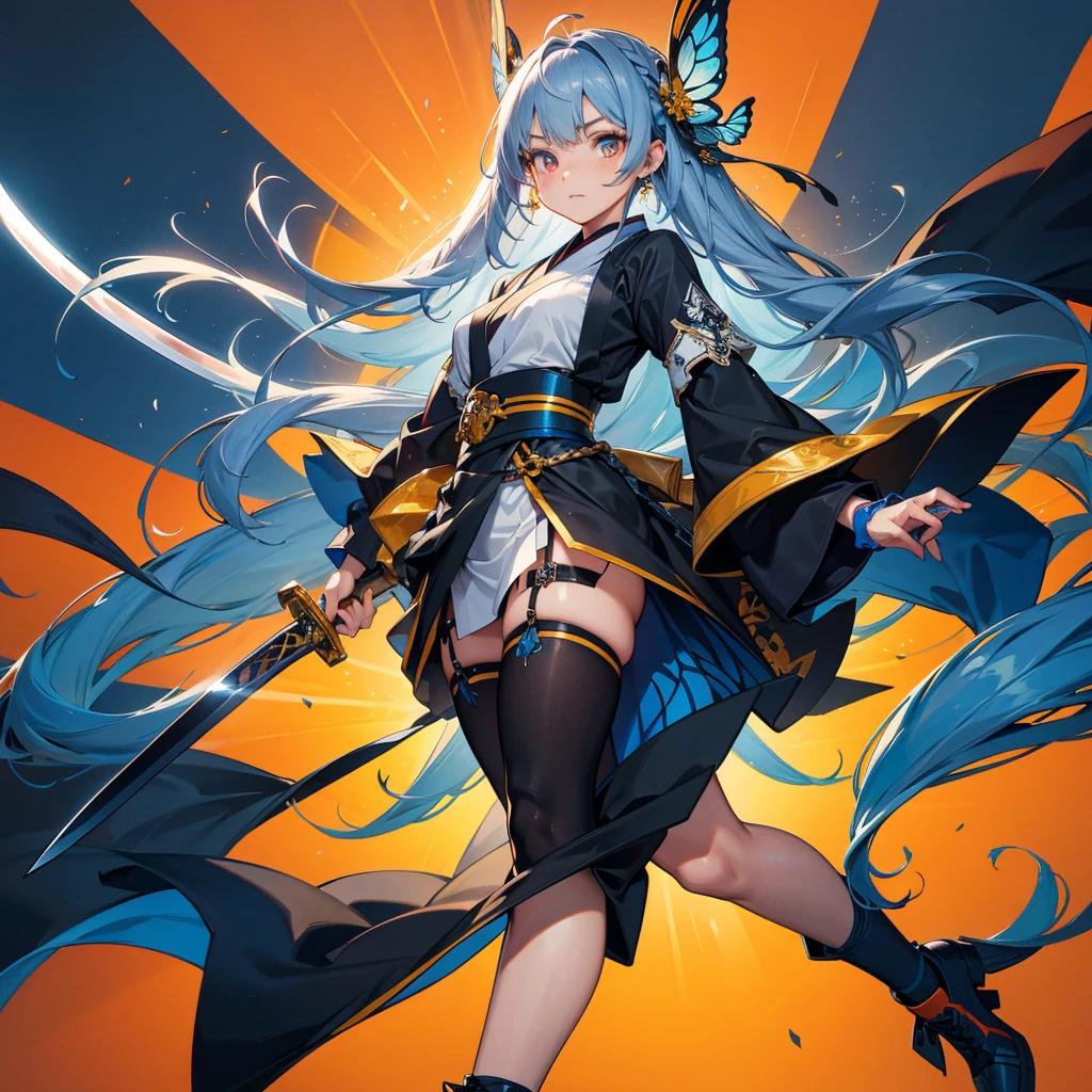Dynamic composition、((Perspective Lens, Gray and blue gradation hair color, Long Hair、 A dynamic pose with a serious and determined expression, Two hands brandishing a large, long Japanese sword)) ((Pure Orange Background:1.2)),Anime Style、highest quality、Masterpiece、Official Art、Detailed eyes,Shooting in mid-motion,With her long braided hair fluttering. Her outfit is reminiscent of a butterfly,Black and yellow color palette,Sword lines are fractal art of neon color lines、