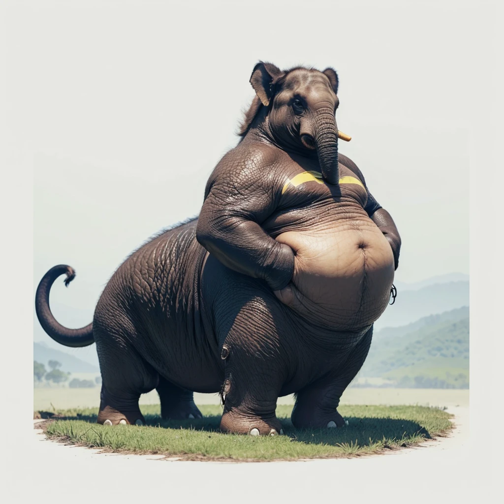 Big Animaly, very fat, has yellow stripes on his skin, (has long fangs), his stomach is fat, has scales, his body is shaped like a chicken but his face is like a elephant and a oil, Grassroots background 