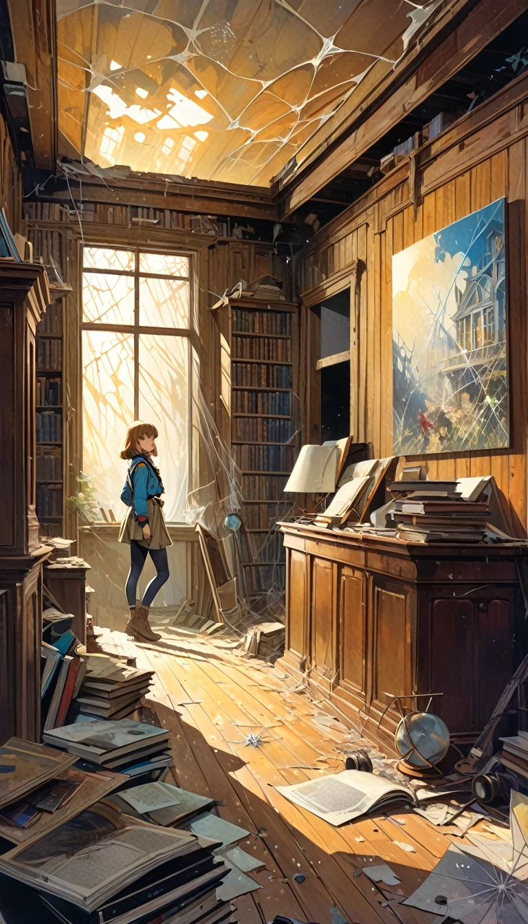 pretty girl, explorer, exploring a large room in an abandoned house, everything old and full of dust and cobwebs, 80s, large library, lots of details,(art inspired in Bill Sienkiewicz). oil painting)