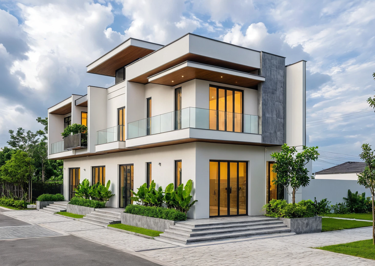 Masterpiece, high quality, best quality, authentic, super detail, outdoors, onestoreyvillaXL, aiai, aiaigroup, house style modern on the street ,stairs, white wall ,road,pavement, grass, trees, sky, cloud, (daylight:1.1)
