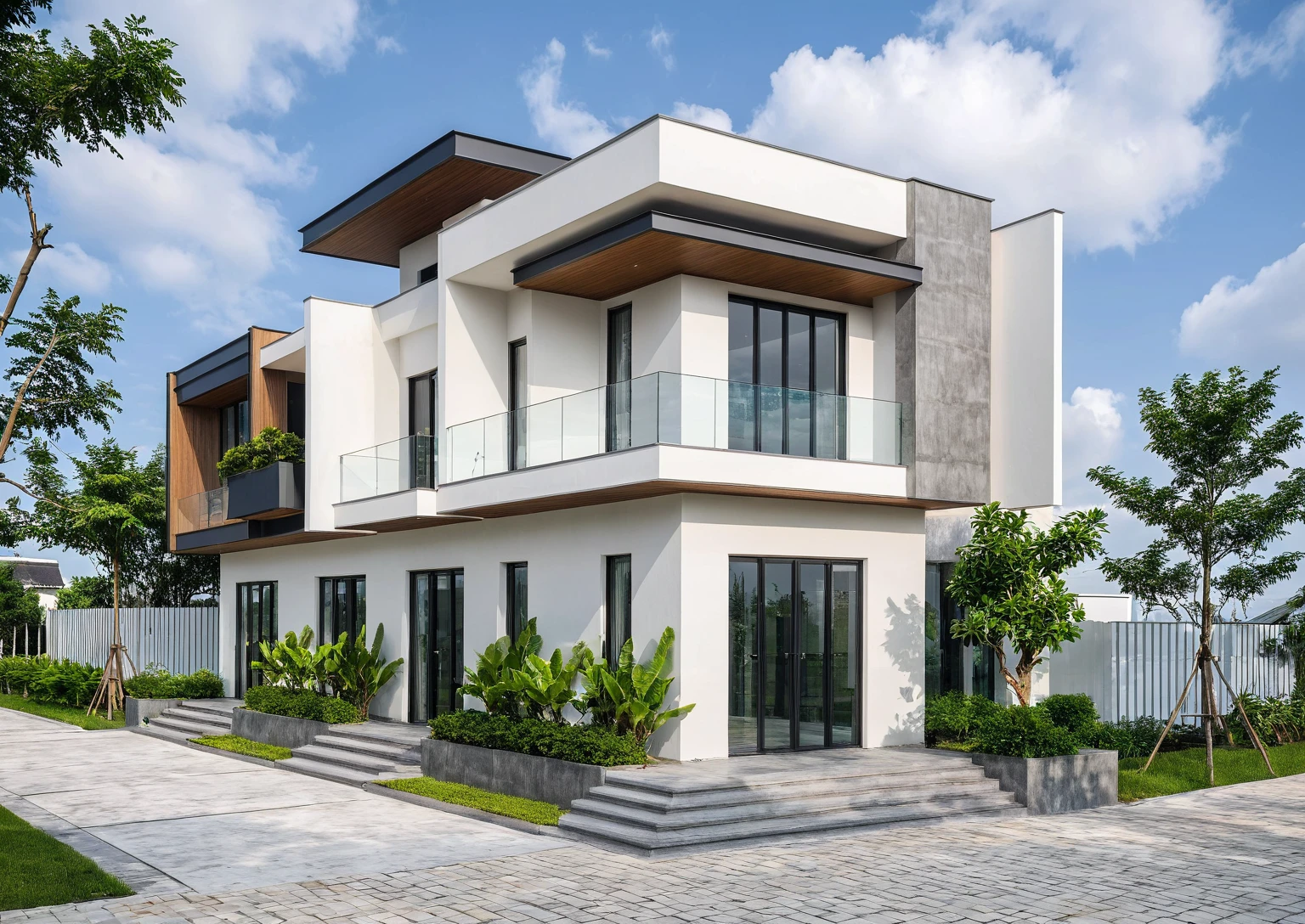 Masterpiece, high quality, best quality, authentic, super detail, outdoors, onestoreyvillaXL, aiai, aiaigroup, house style modern on the street ,stairs, white wall ,road,pavement, grass, trees, sky, cloud, (daylight:1.1)
