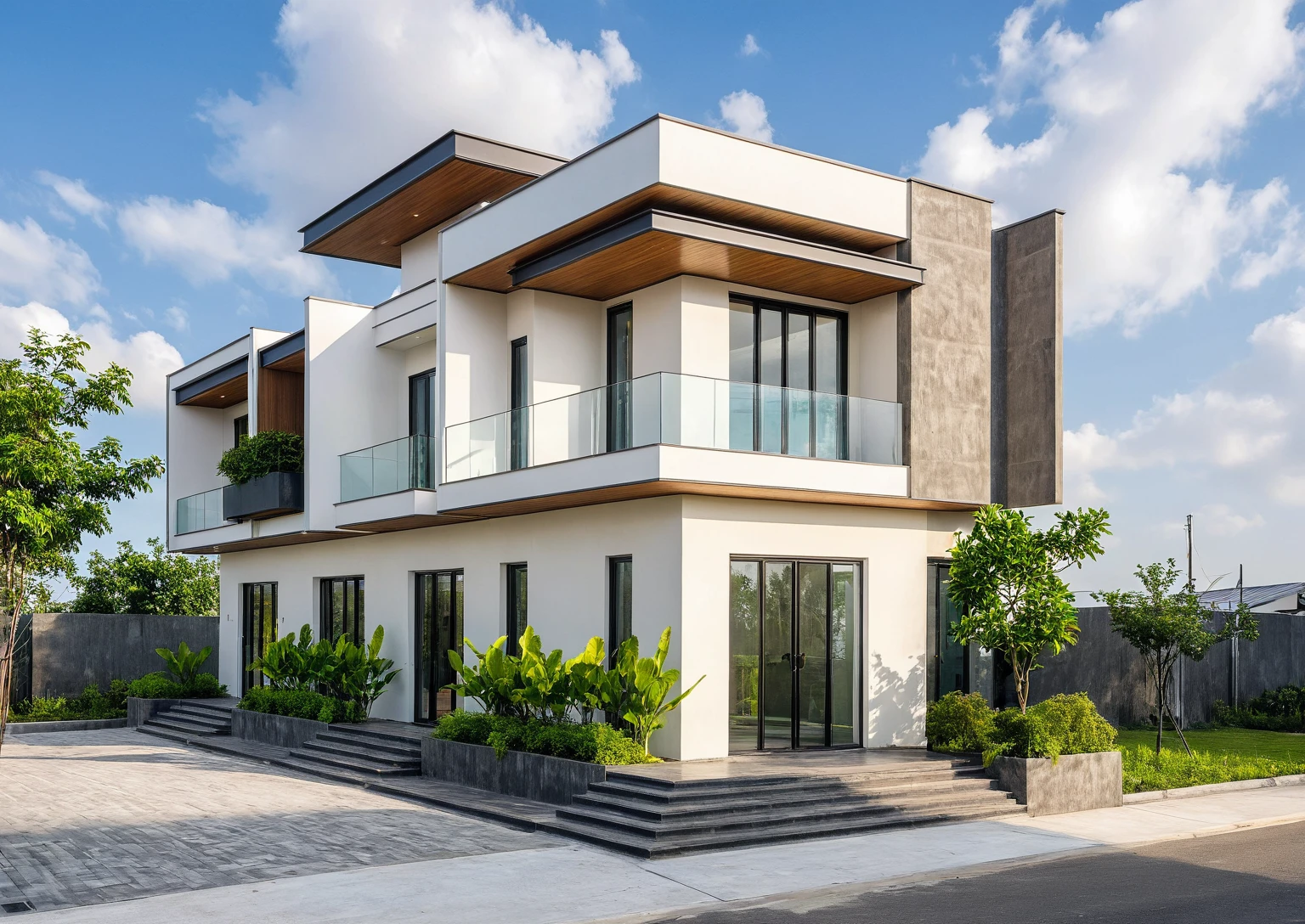 Masterpiece, high quality, best quality, authentic, super detail, outdoors, onestoreyvillaXL, aiai, aiaigroup, house style modern on the street ,stairs, white wall ,road,pavement, grass, trees, sky, cloud, (daylight:1.1)
