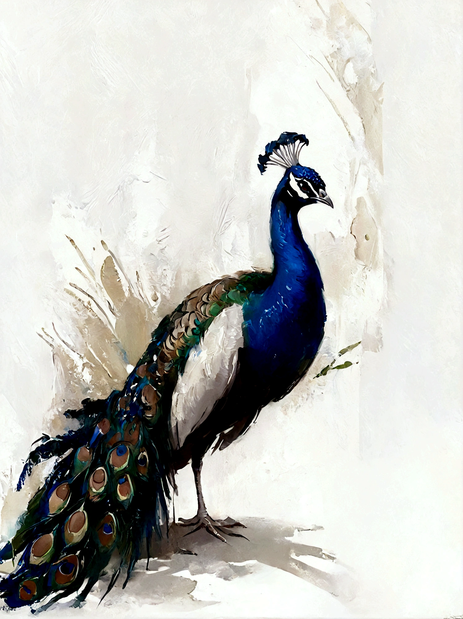 Peacock opens the screen,Color portrait,vanilla,bright,White background,real,emotion,Thick textured paint,