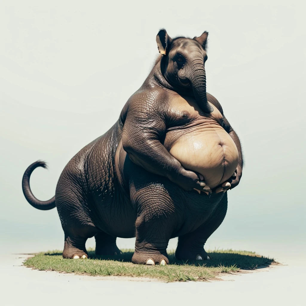 Big Animaly, very fat, has yellow stripes on his skin, (has long fangs), his stomach is fat, has scales, his body is shaped like a chicken but his face is like a elephant and a oil, Grassroots background