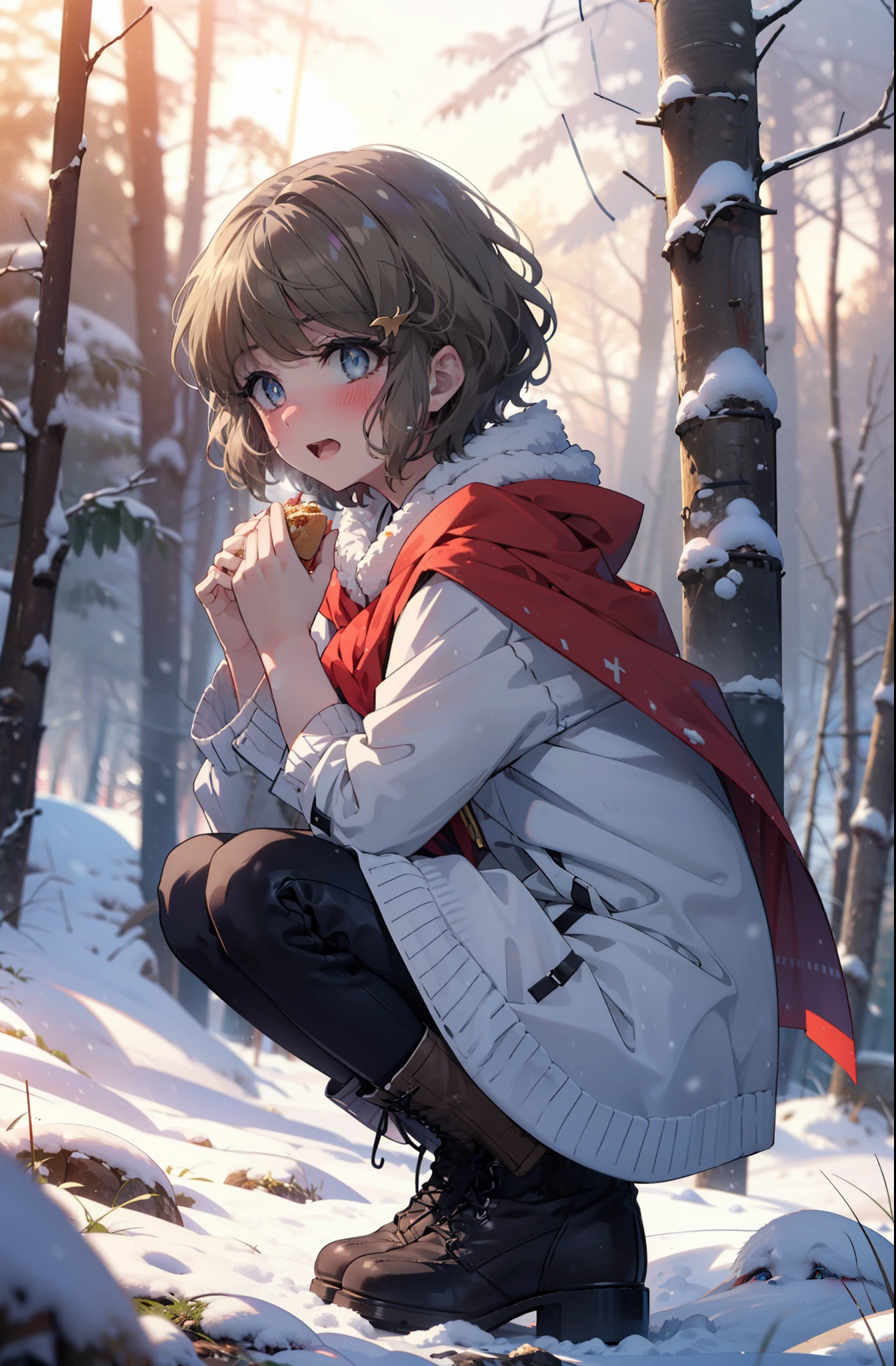 tomoekoga, Chie Koga, short hair, Brown Hair, blue eyes, hair band,smile,blush,White Breath,Mid-chest,
Open your mouth,snow,Ground bonfire, Outdoor, boots, snowing, From the side, wood, suitcase, Cape, Blurred, having meal, forest, White handbag, nature, Squat, Mouth closed, Cape, winter, Written boundary depth, Black shoes, red Cape break looking at viewer, Upper Body, whole body, break Outdoor, forest, nature, break (masterpiece:1.2), highest quality, High resolution, unity 8k wallpaper, (shape:0.8), (Beautiful and beautiful eyes:1.6), Highly detailed face, Perfect lighting, Highly detailed CG, (Perfect hands, Perfect Anatomy),