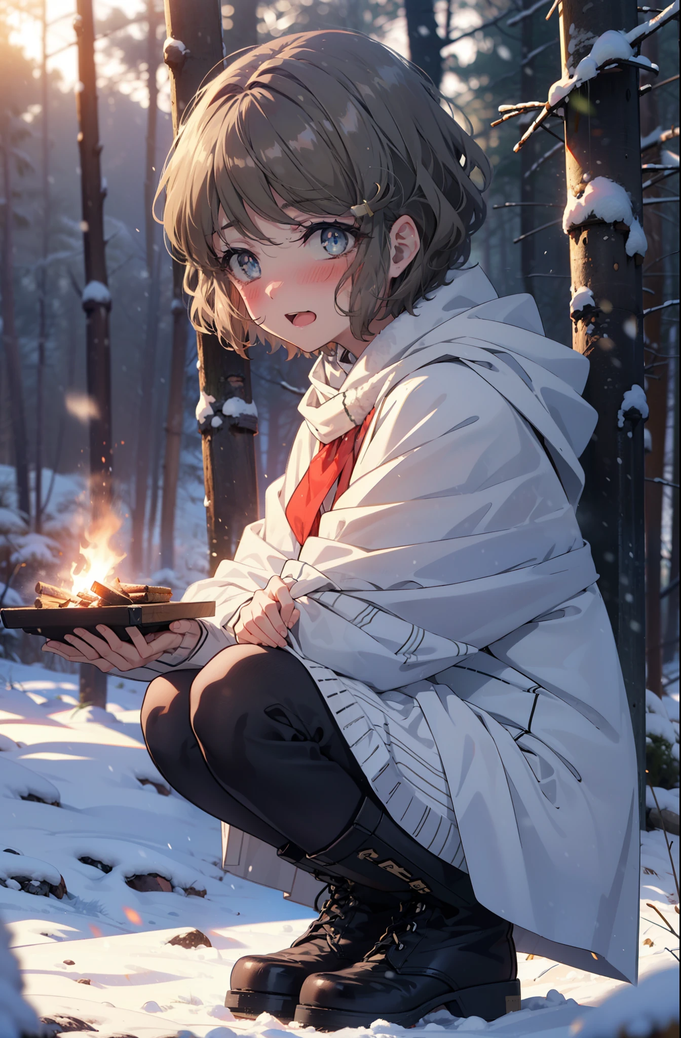 tomoekoga, Chie Koga, short hair, Brown Hair, blue eyes, hair band,smile,blush,White Breath,Mid-chest,
Open your mouth,snow,Ground bonfire, Outdoor, boots, snowing, From the side, wood, suitcase, Cape, Blurred, having meal, forest, White handbag, nature,  Squat, Mouth closed, Cape, winter, Written boundary depth, Black shoes, red Cape break looking at viewer, Upper Body, whole body, break Outdoor, forest, nature, break (masterpiece:1.2), highest quality, High resolution, unity 8k wallpaper, (shape:0.8), (Beautiful and beautiful eyes:1.6), Highly detailed face, Perfect lighting, Highly detailed CG, (Perfect hands, Perfect Anatomy),