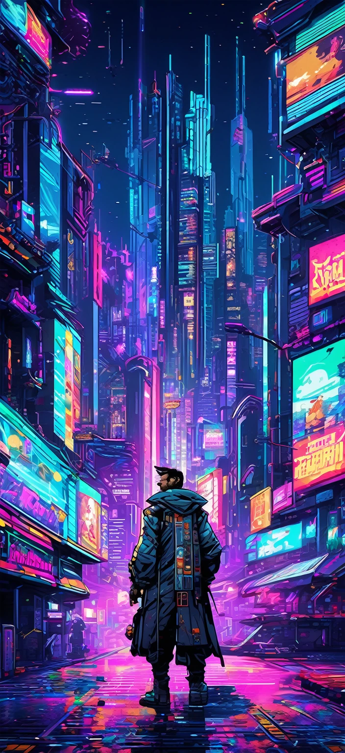 Create an 8-bit style cyberpunk cityscape. The scene features neon-lit skyscrapers with flickering signs in various colors, flying cars zooming through the sky, and crowded streets filled with pixelated characters in futuristic attire. The atmosphere is vibrant and bustling, with a mix of dark alleyways and brightly lit storefronts. In the foreground, a cyberpunk protagonist with a trench coat and augmented cybernetic enhancements stands, holding a futuristic weapon. The background showcases a sprawling city with towering buildings, holographic advertisements, and a night sky with a digital moon. The overall style should evoke classic 8-bit video game aesthetics, with pixel art detail and a retro-futuristic vibe. Vibrant colors, pixelated textures, and a sense of dynamic action and energy.
