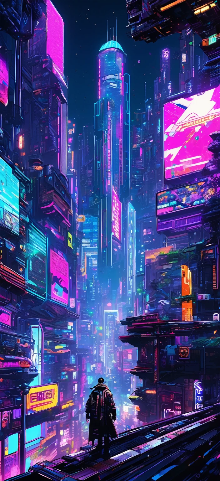 Create an 8-bit style cyberpunk cityscape. The scene features neon-lit skyscrapers with flickering signs in various colors, flying cars zooming through the sky, and crowded streets filled with pixelated characters in futuristic attire. The atmosphere is vibrant and bustling, with a mix of dark alleyways and brightly lit storefronts. In the foreground, a cyberpunk protagonist with a trench coat and augmented cybernetic enhancements stands, holding a futuristic weapon. The background showcases a sprawling city with towering buildings, holographic advertisements, and a night sky with a digital moon. The overall style should evoke classic 8-bit video game aesthetics, with pixel art detail and a retro-futuristic vibe. Vibrant colors, pixelated textures, and a sense of dynamic action and energy.