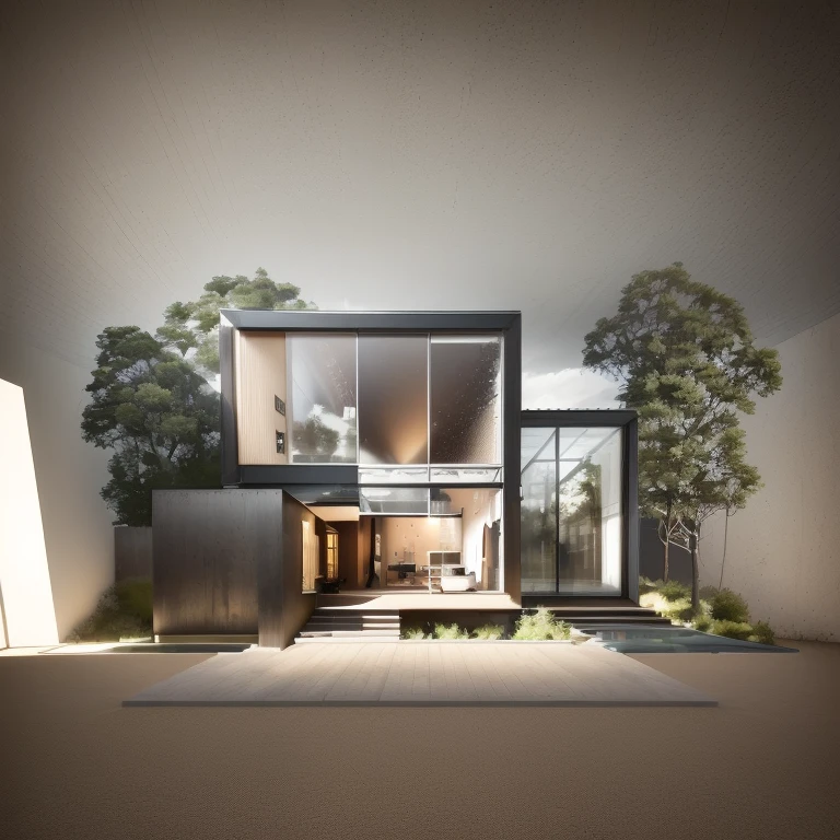 Maison de style Bauhaus, maison de verre avec un toit en pente, moderne, dynamique (Photo brute, real, Best quality, chef-d&#39;artwork:1.2), (hyper realistic, photo-realistic:1.2), High quality, (dark lighting:1.2), perfect lighting, archaic