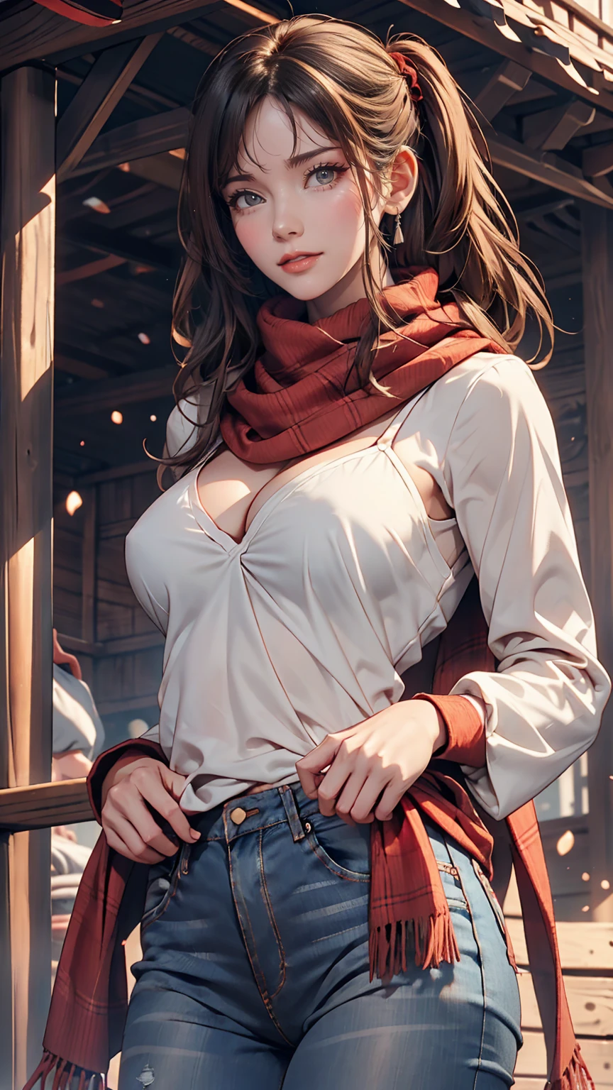 24 year old Caucasian female、Sexy proportions、Narrow waist、slender、Cowgirl、Wrap a red scarf around your neck、wear skinny jeans、Wear a checked long-sleeved shirt、On a ranch in the Midwest、Dairy Cow Background